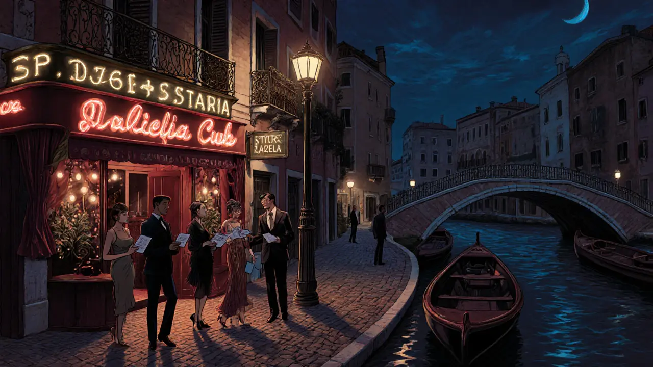 1930s Navigli jazz club scene with patrons, printed escort cards and neon signage.