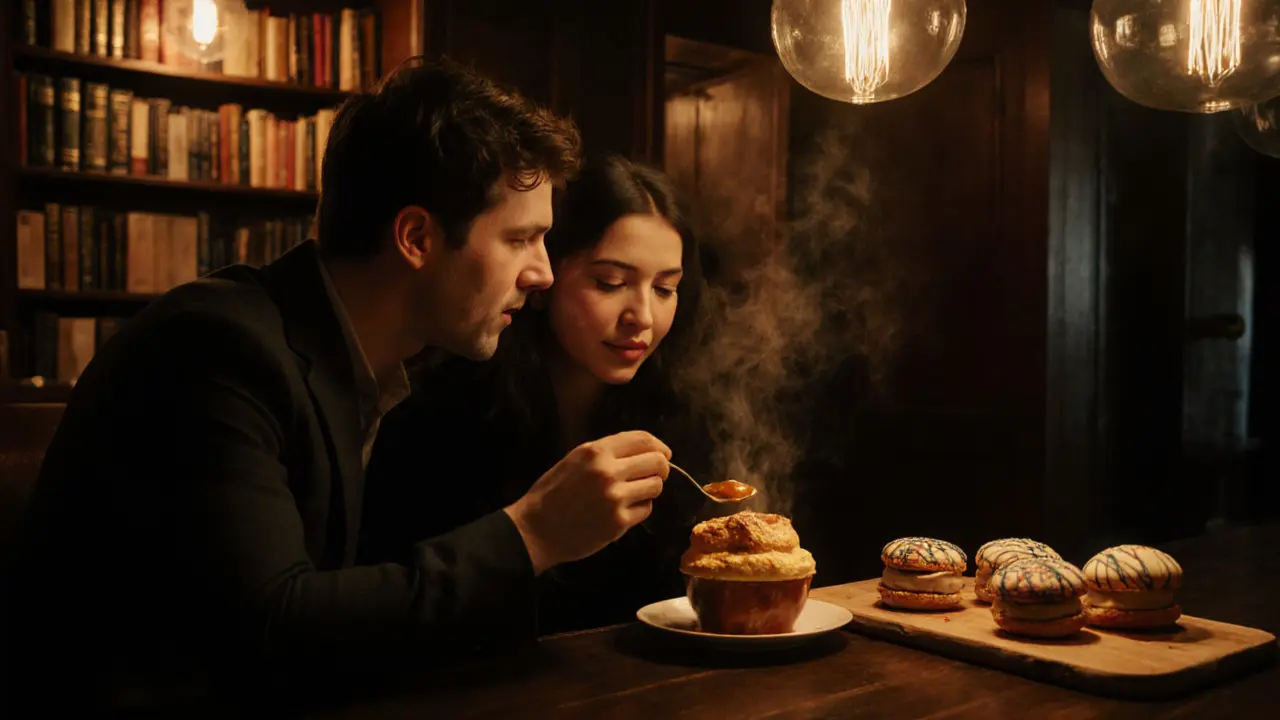 A couple sharing a warm soufflé in a hidden dessert bar with bookshelf entrance and soft lighting.