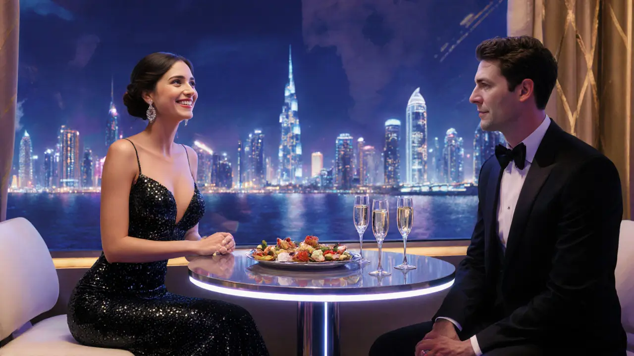 A glamorous companion and client enjoying champagne at a VIP table with city lights.