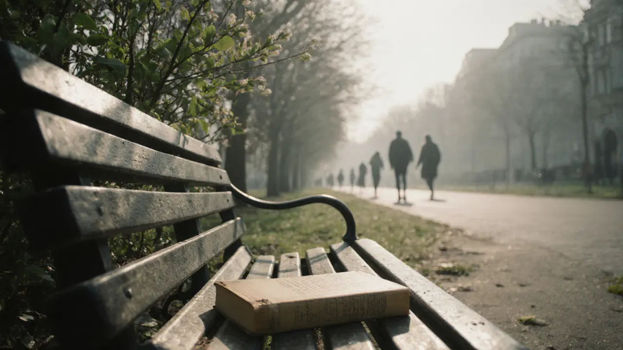 An empty park bench with a book left behind, symbolizing a thoughtful, ended connection.