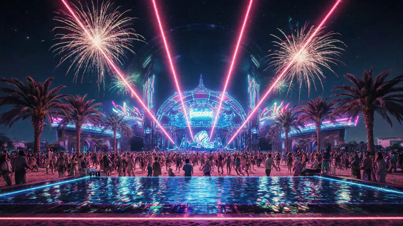 Beach club at night with DJ, dancing crowd, lasers and fireworks over the sea.