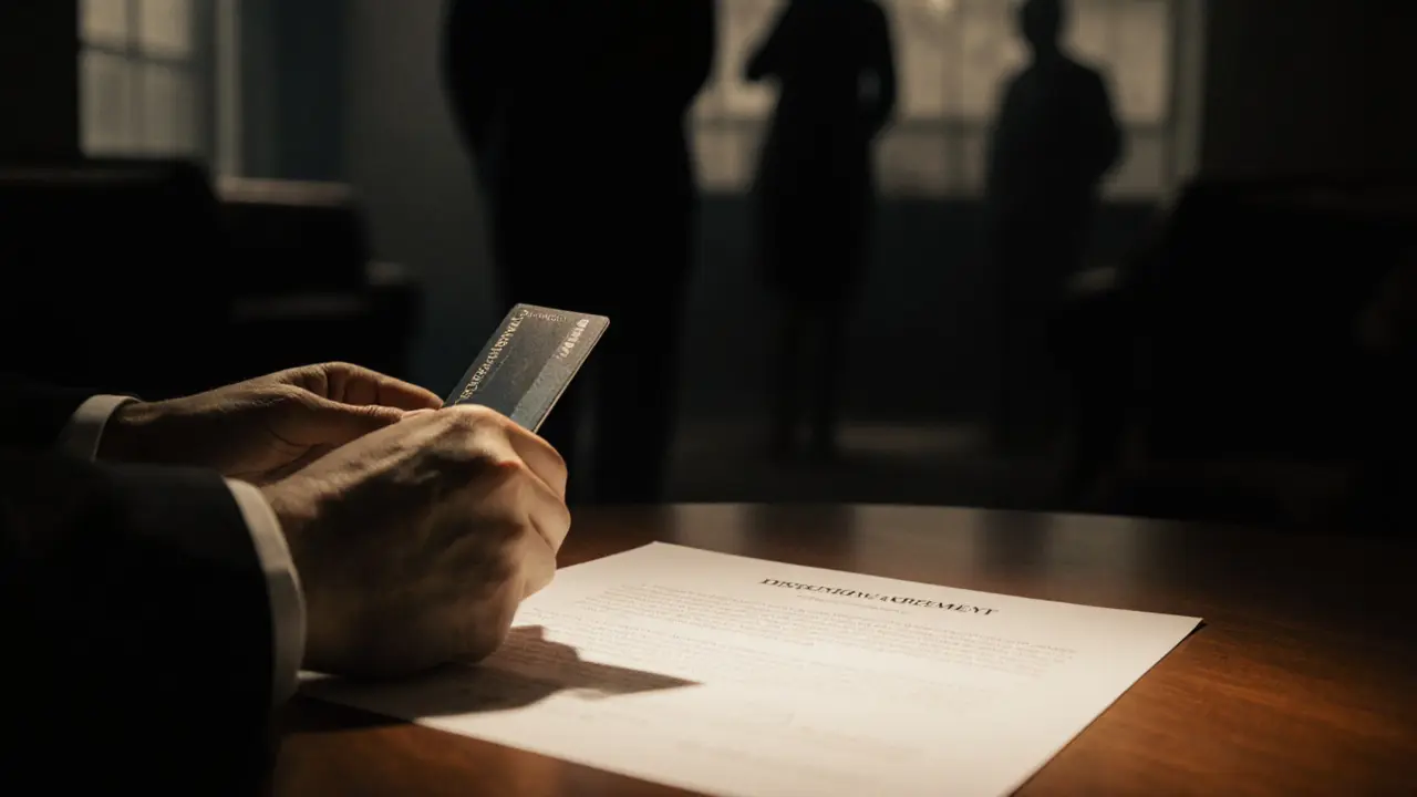 Close‑up of hands exchanging an ID and a discreet agreement in a dim room.