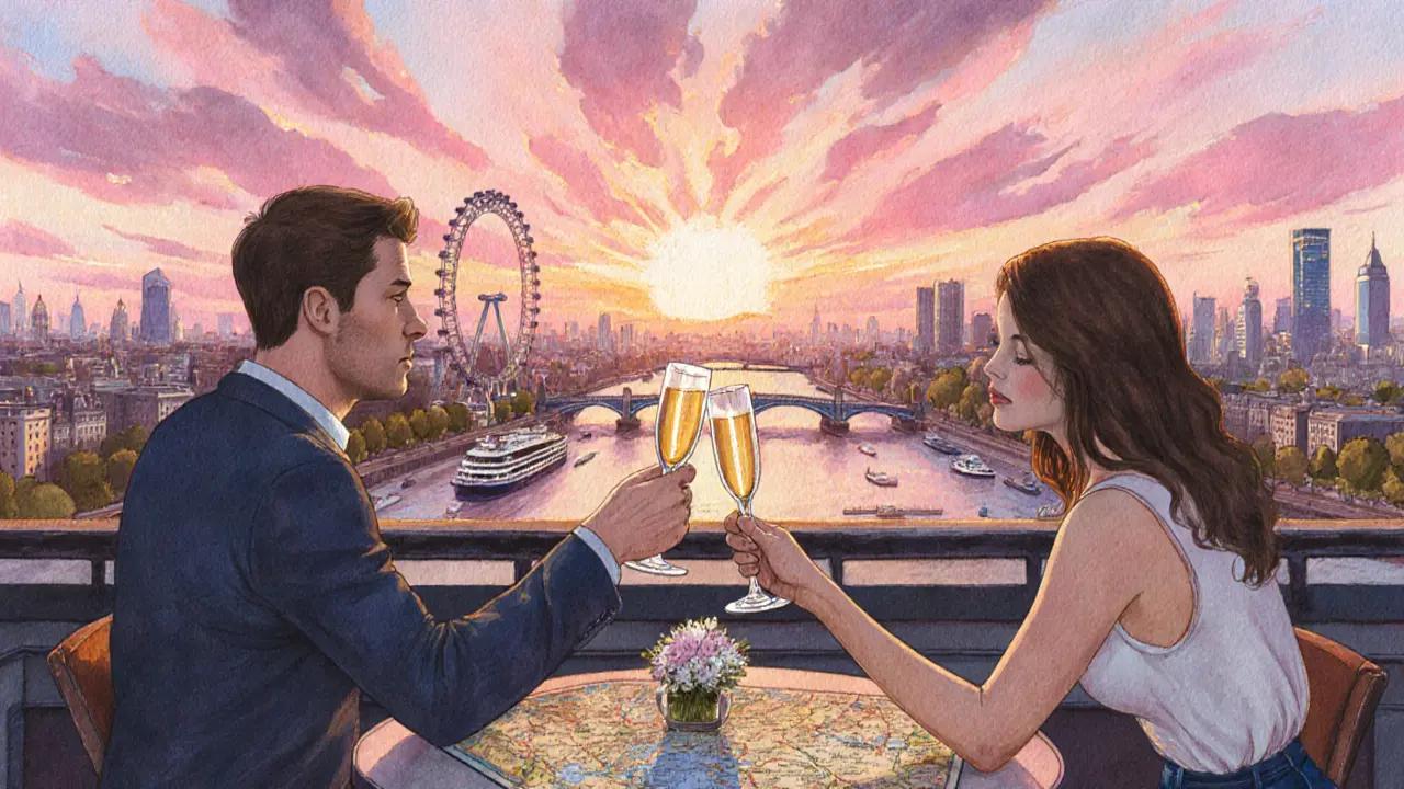 Couple toasting champagne on rooftop bar with sunset over London skyline.