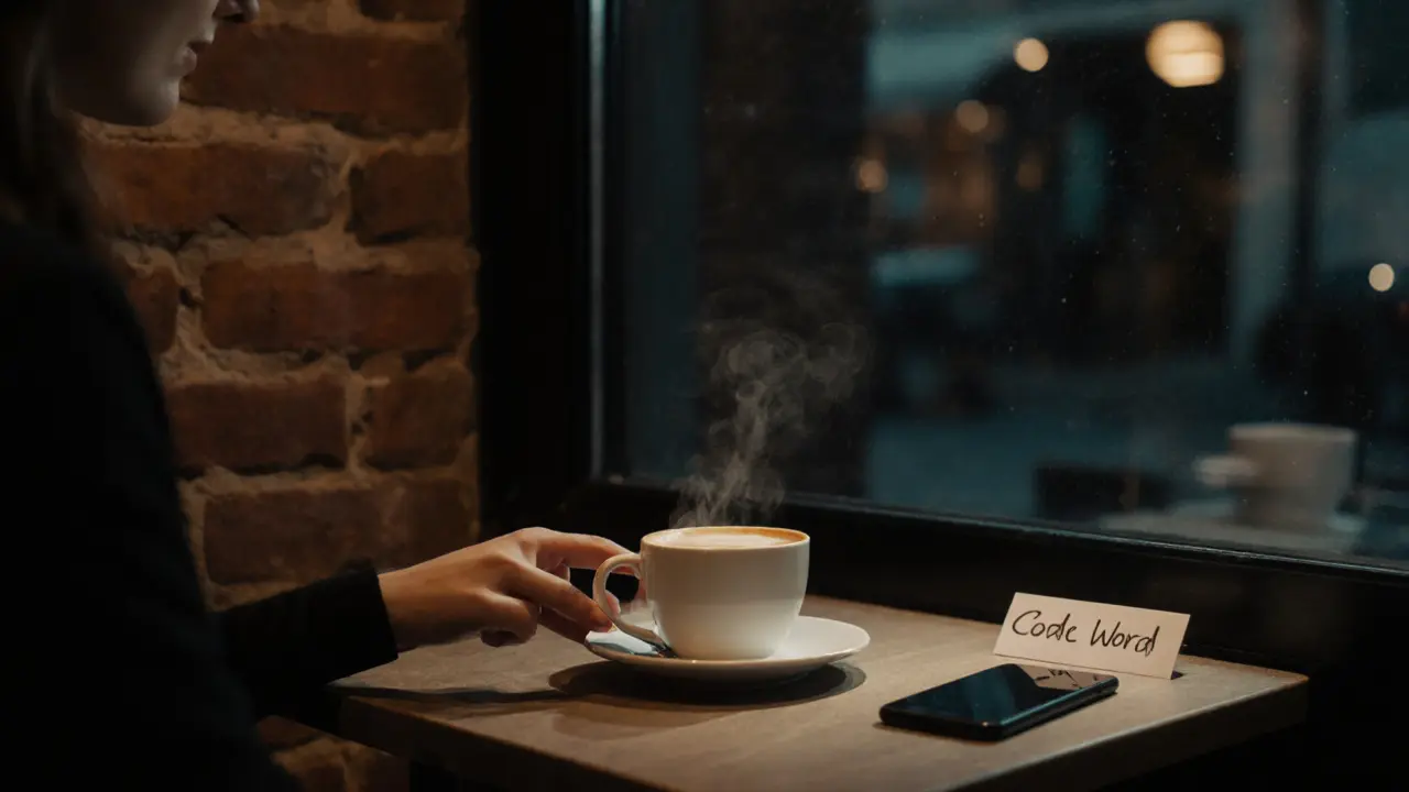 Cozy coffee shop after-date with cappuccino and discreet safety note.