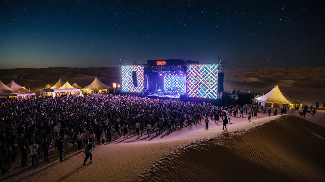 Desert music festival under starry sky with thousands dancing around a glowing stage.