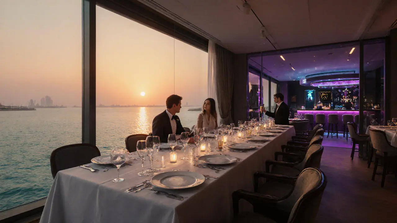 Elegant waterfront dinner with sunset view and a hint of a VIP nightclub scene.