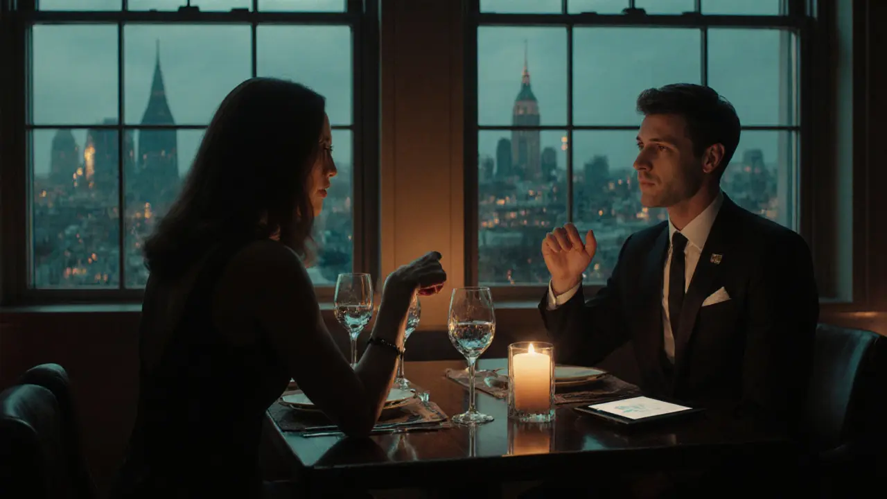 Escort and client sharing wine at a high‑end restaurant, candlelit table.