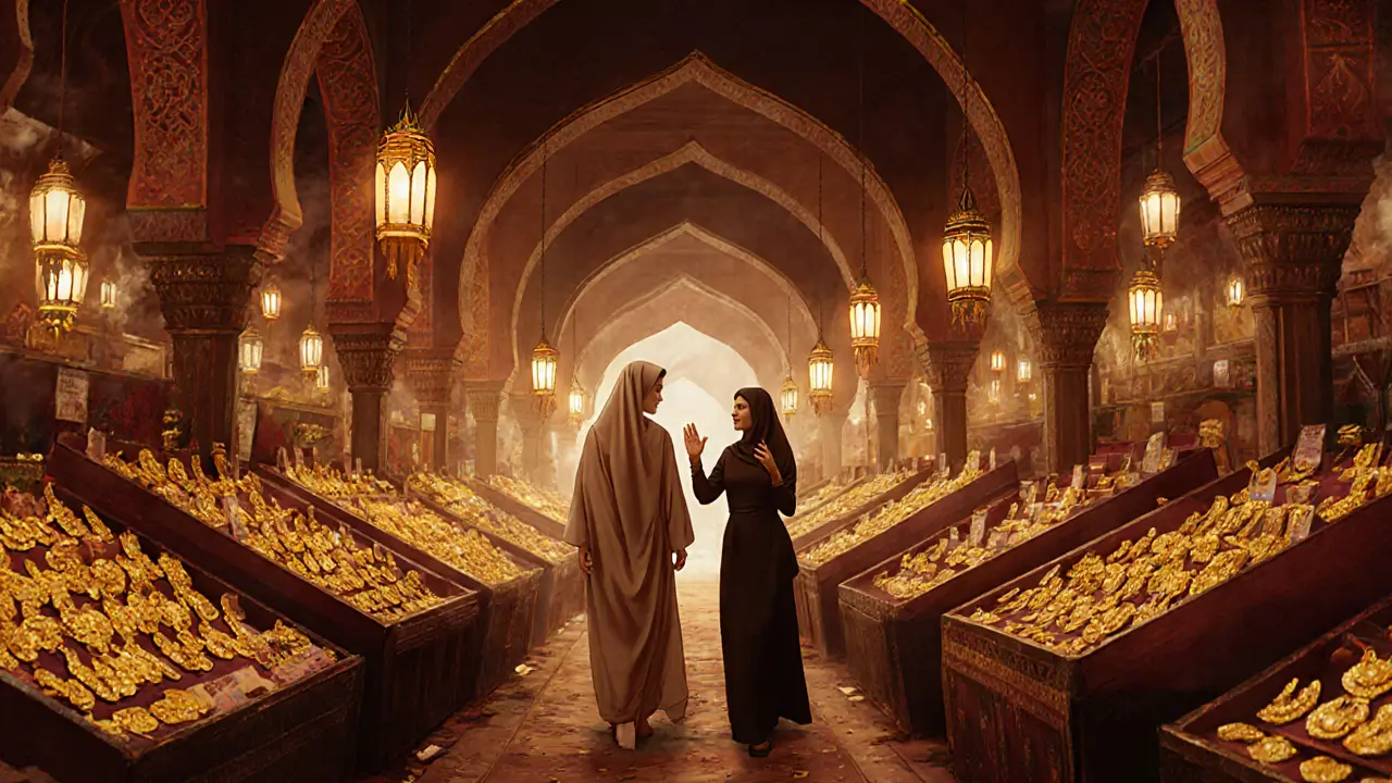Escort guiding a guest through the bustling Gold Souk surrounded by gold jewelry displays.