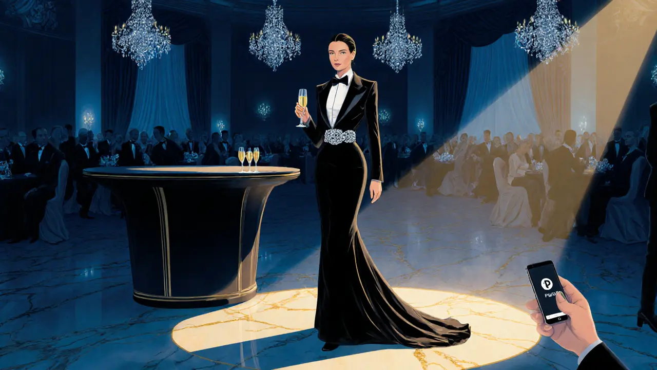 Escort in elegant gown at a charity gala, champagne glass and safety phone.