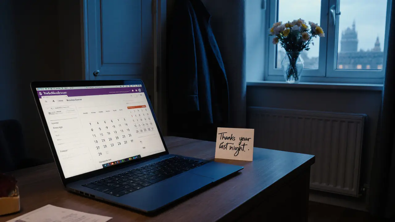 Evening scene of an escort&#039;s booking calendar and handwritten thank-you note on a desk.