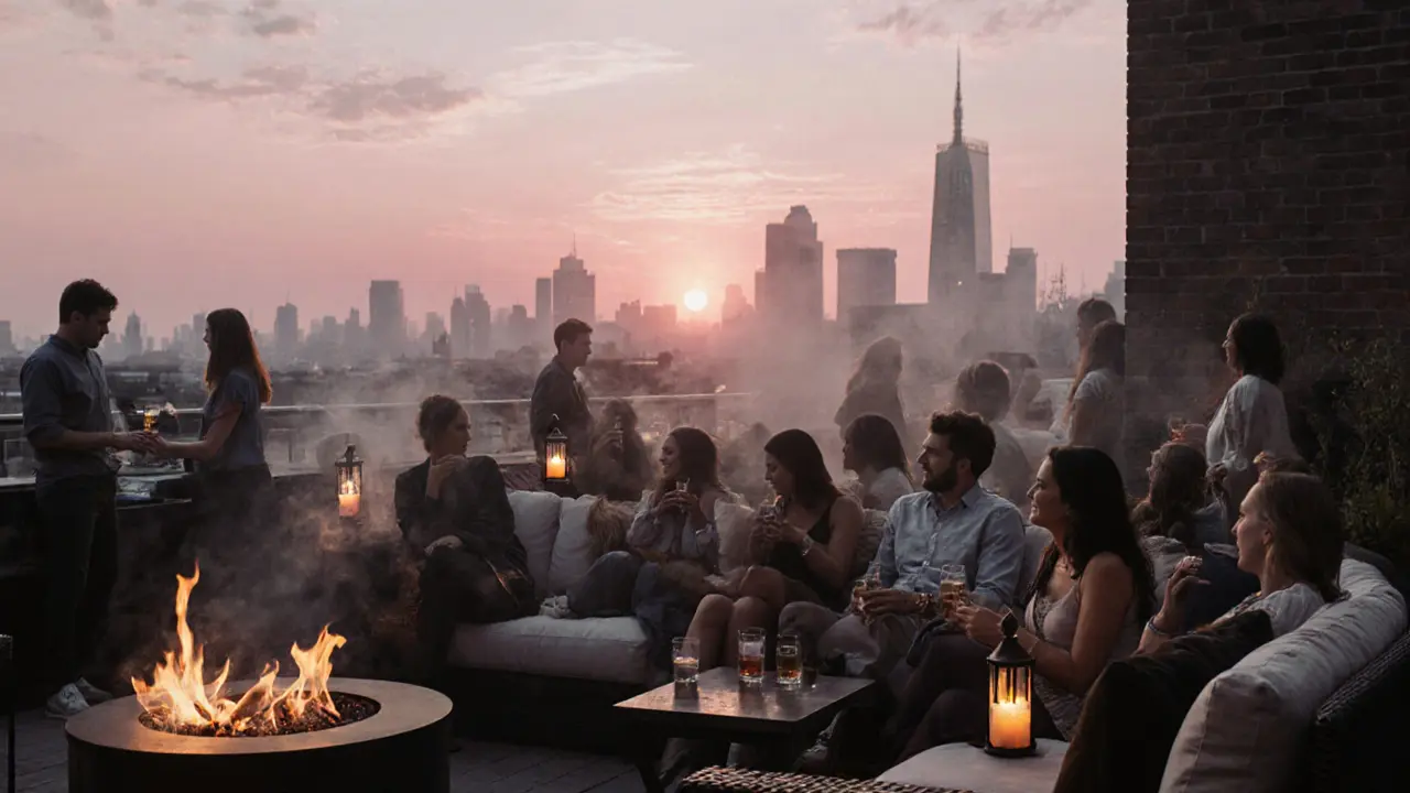 Fire rooftop terrace in Shoreditch at sunrise, friends relaxing as the city wakes.