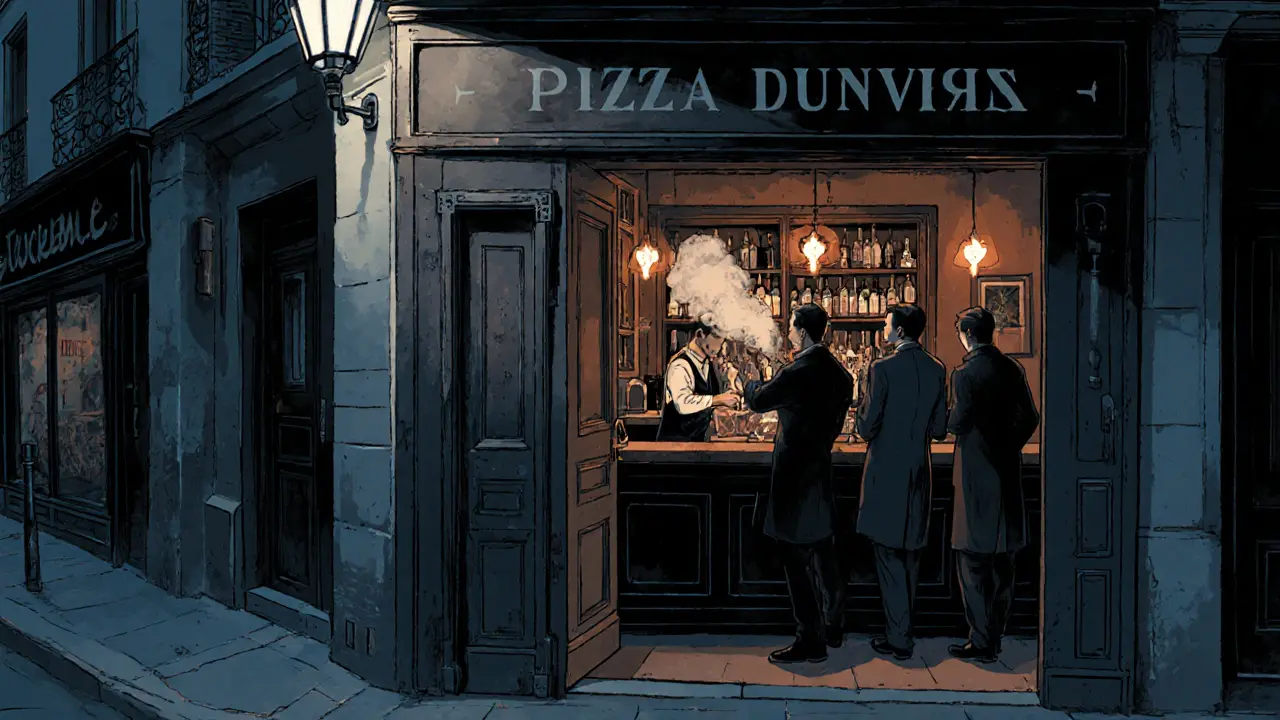 Hidden speakeasy behind a pizza shop, showing a dim cellar bar with a mixologist and patrons.