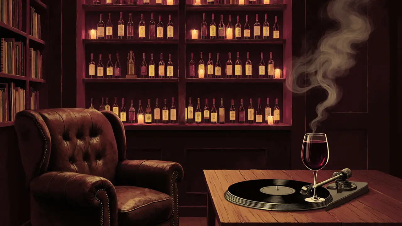 Hidden wine cellar behind a bookshop with glowing bottles and candlelit jazz ambiance.