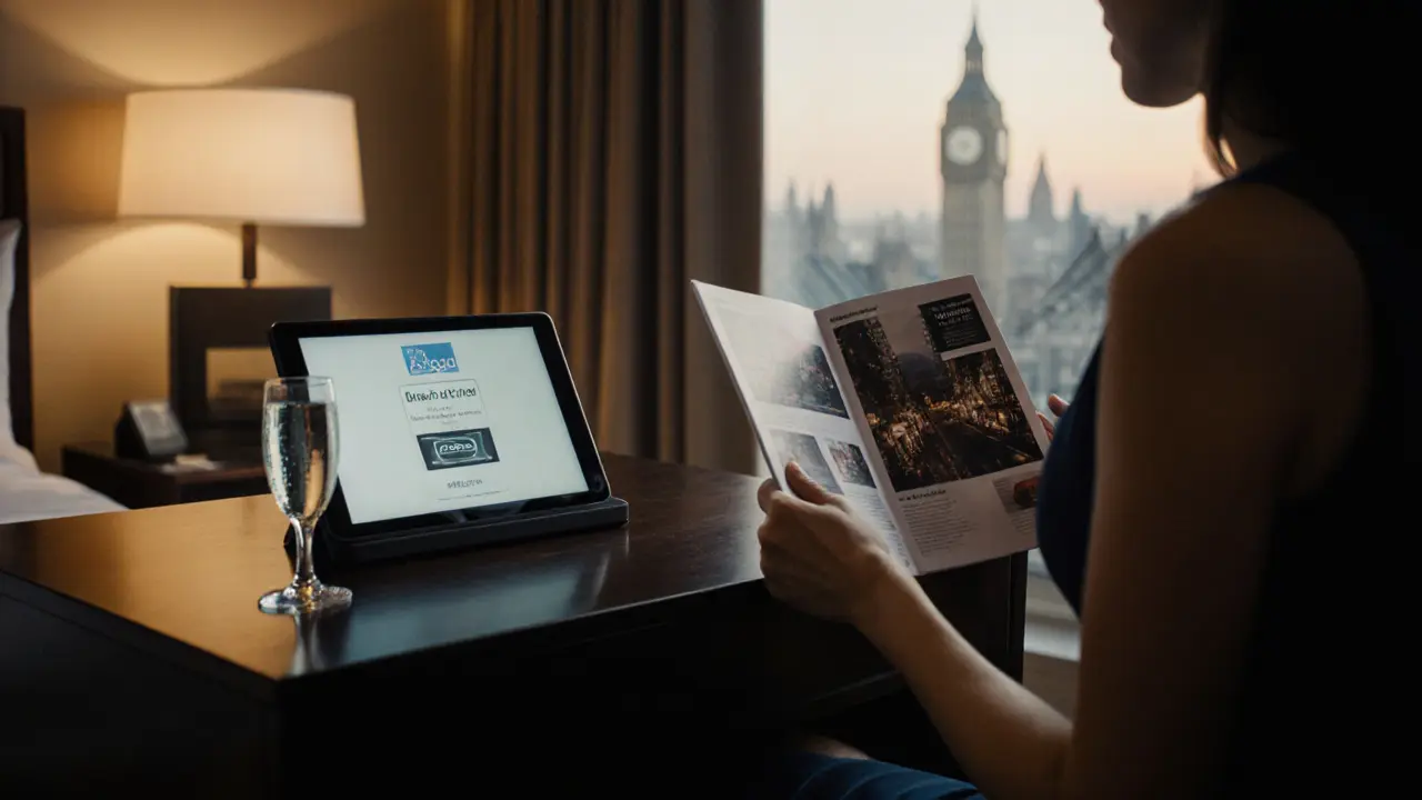 Hotel suite desk showing verification badge and city guide beside escort.
