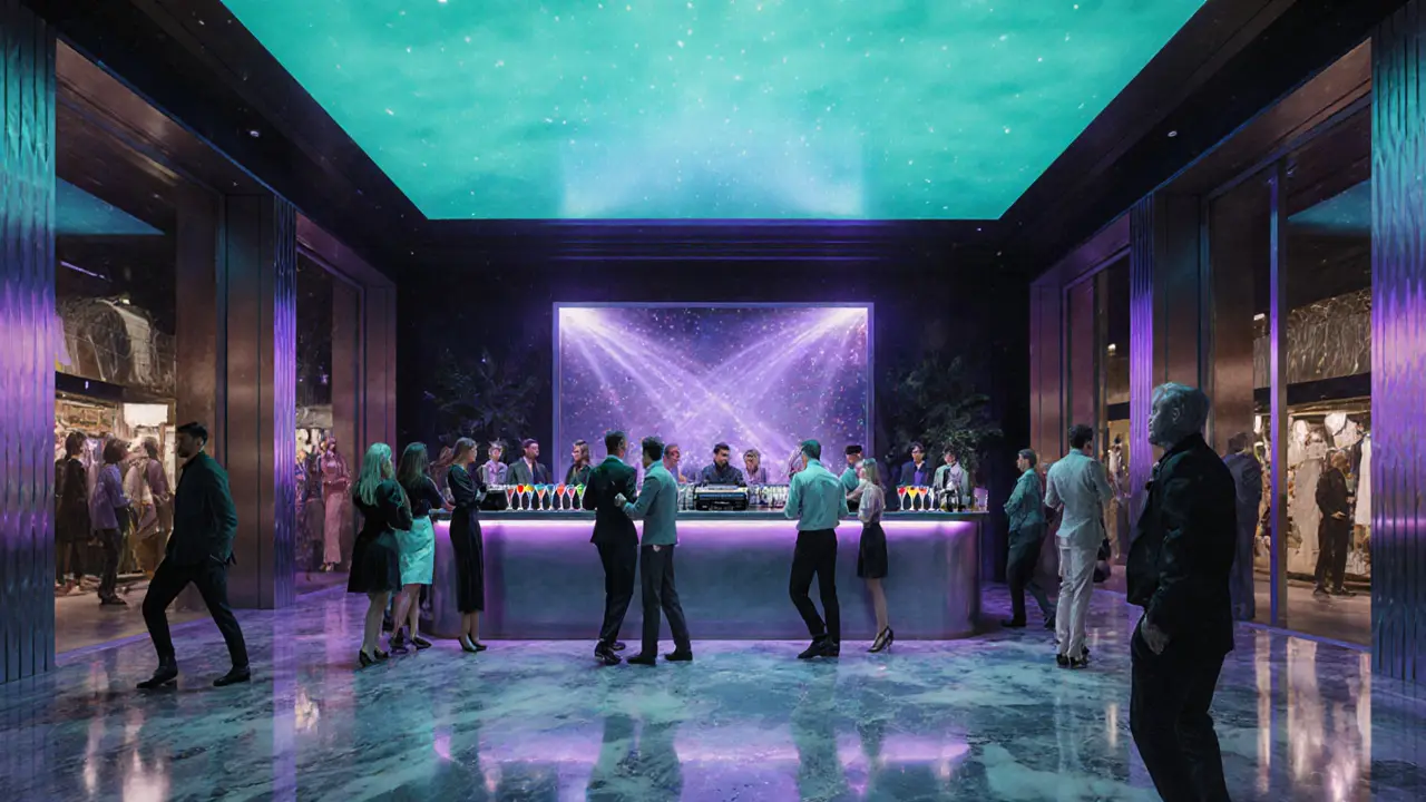 Inside a sleek Corso Como club with fashionable patrons and neon-lit bar.