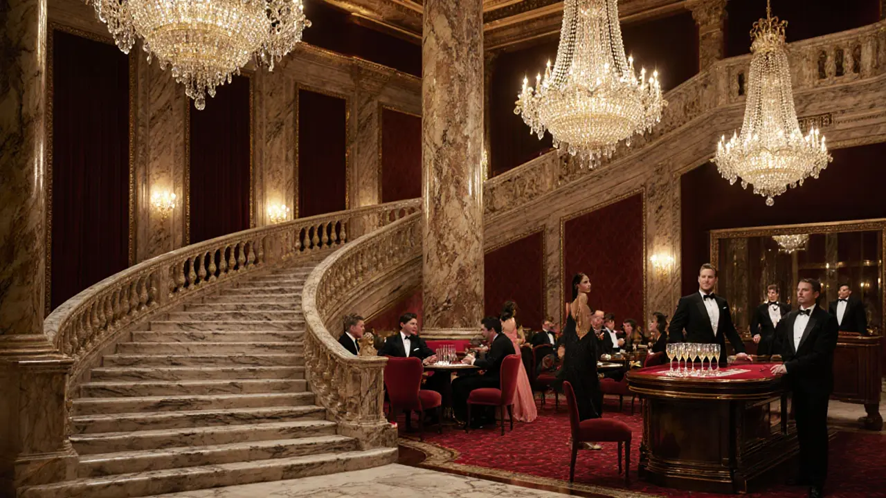 Inside Casino de Monte‑Carlo: grand staircase, crystal chandeliers, and VIP gaming table.