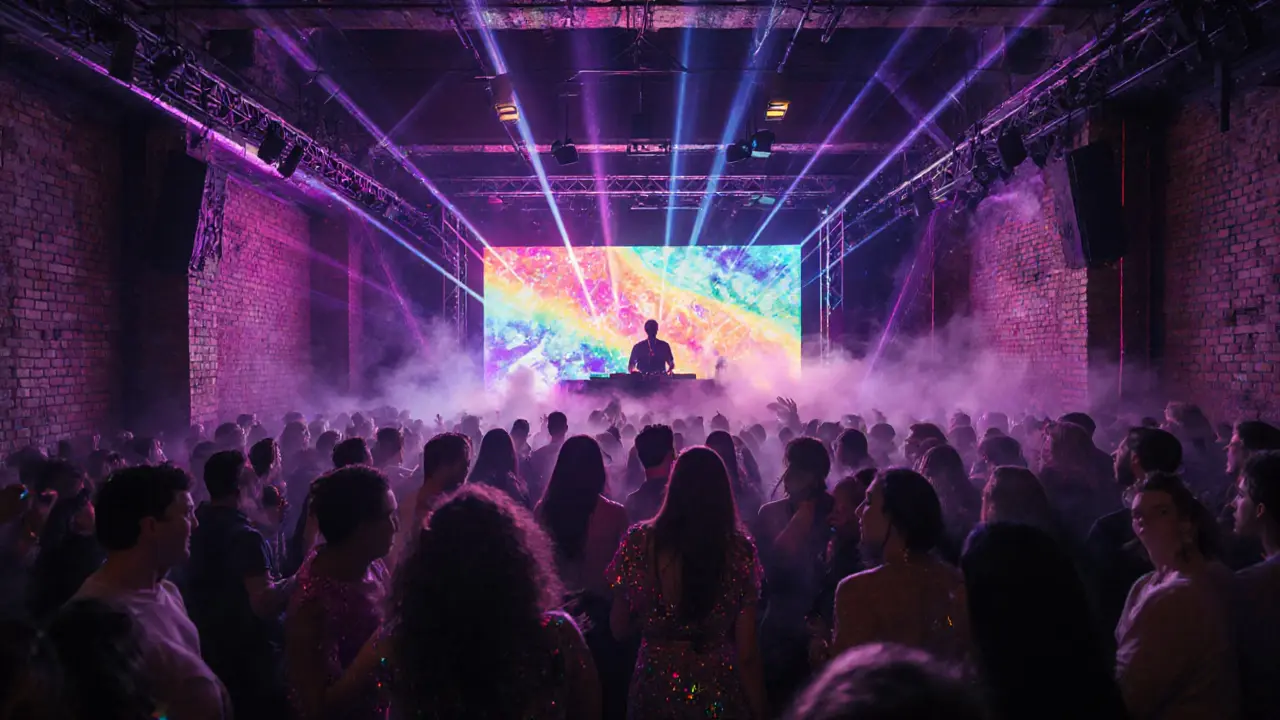 Inside Heaven nightclub, Vauxhall, with laser lights, dancers, and a DJ on a raised platform.