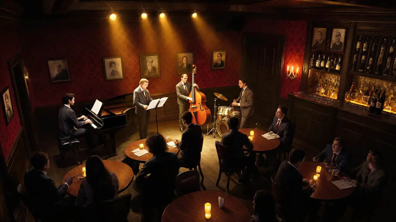 Intimate interior of Ronnie Scott’s Jazz Club with musicians performing.