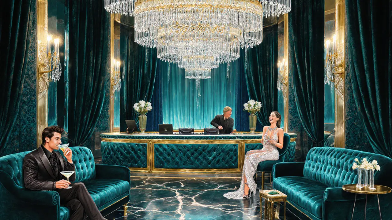 Luxurious Cavalli Club interior with chandeliers and celebrities socializing.