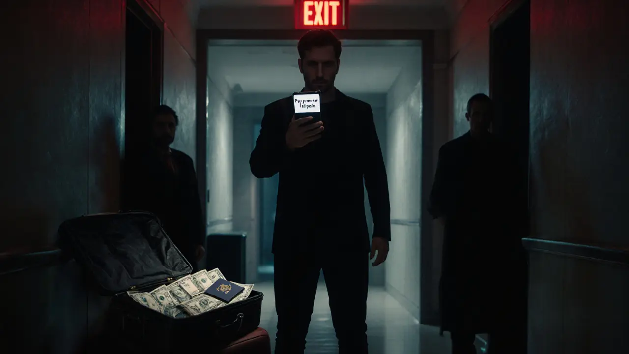 Man in a hotel corridor holding a phone, shadowy figures behind him, conveying danger and blackmail.