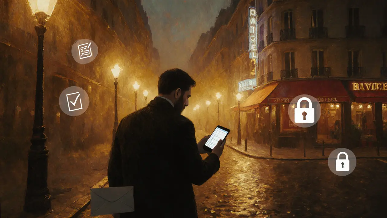 Man leaving a hotel at night, checking phone and holding an envelope.