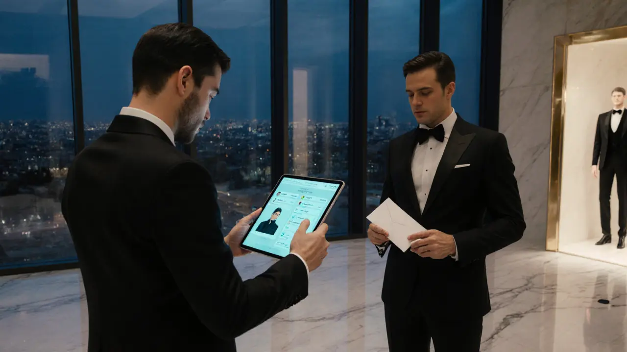 Modern luxury hotel lobby where a client uses a sleek digital platform to arrange escort services.