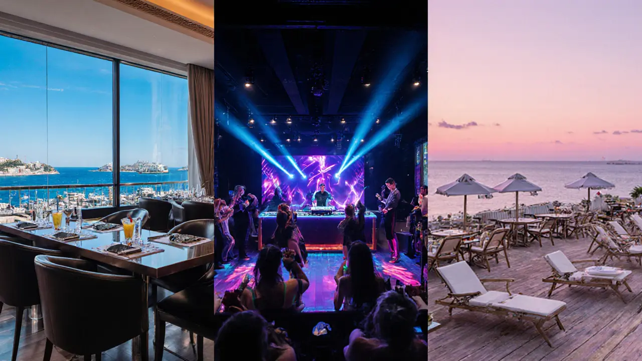 Montage of Monaco nightlife: hotel bar, Jimmy’z terrace club, and Sass Café beach lounge.