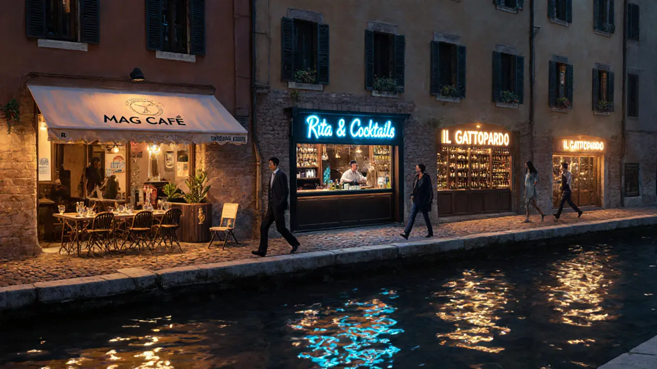 Nighttime canal scene showing three bars with glowing lights and people strolling in Navigli.