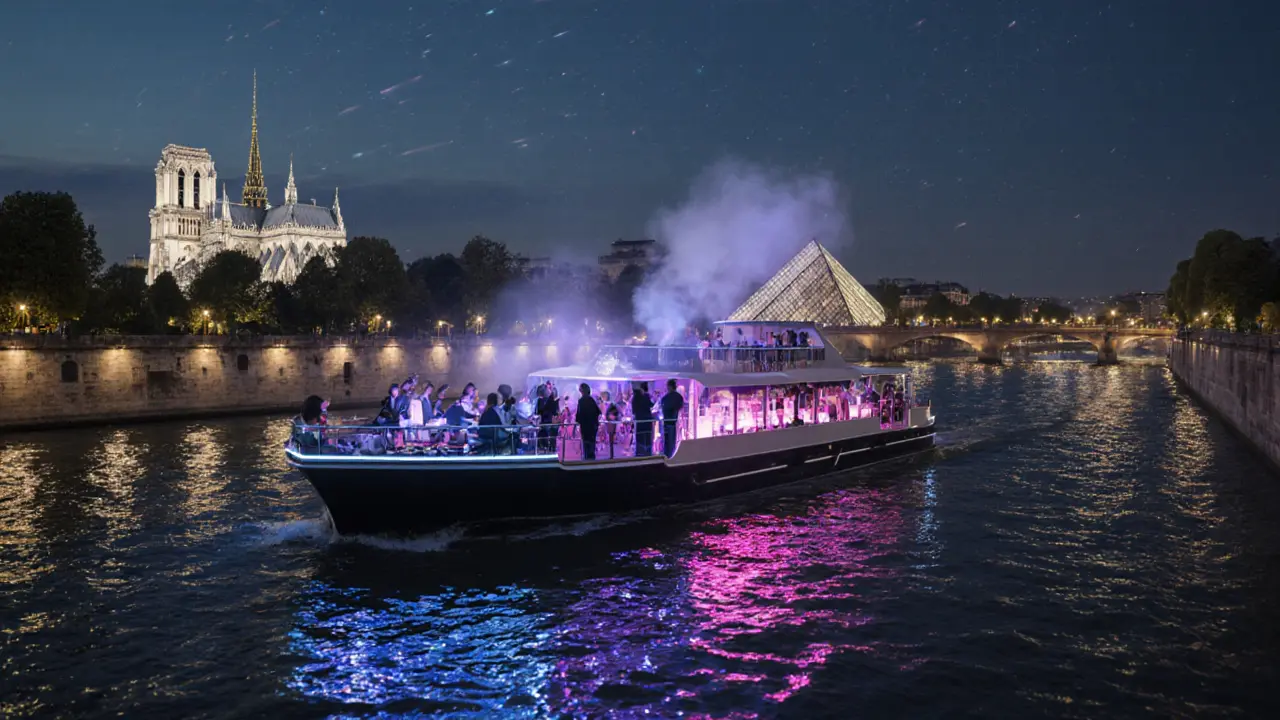 Nighttime Seine cruise with a DJ booth and dancing guests, illuminated landmarks reflected on water.