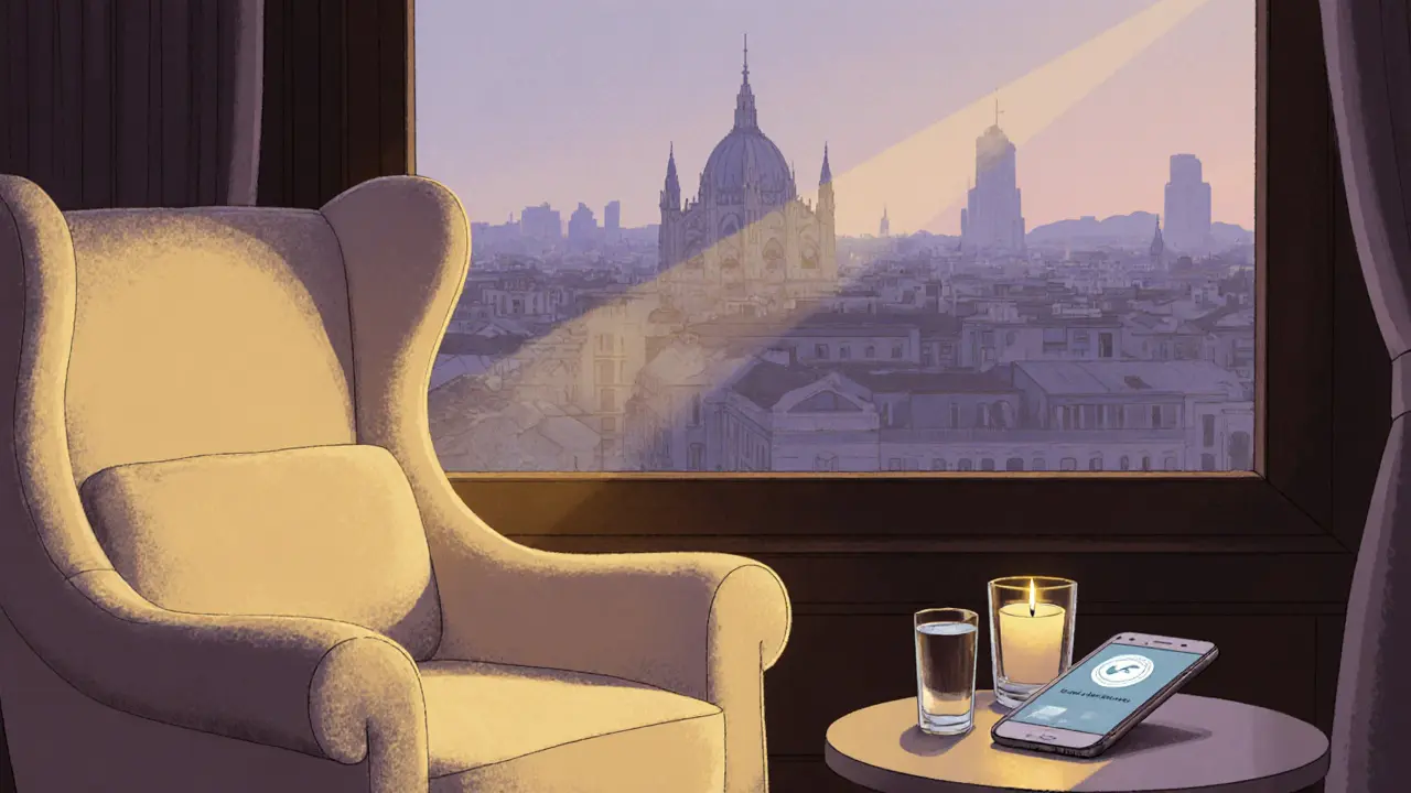 Pastel illustration of a private room with a candle, phone displaying a verification badge, and Milan skyline view.