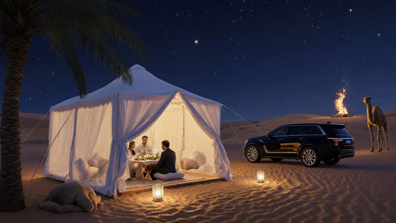 Romantic desert tent dinner under starry night with lantern lighting.