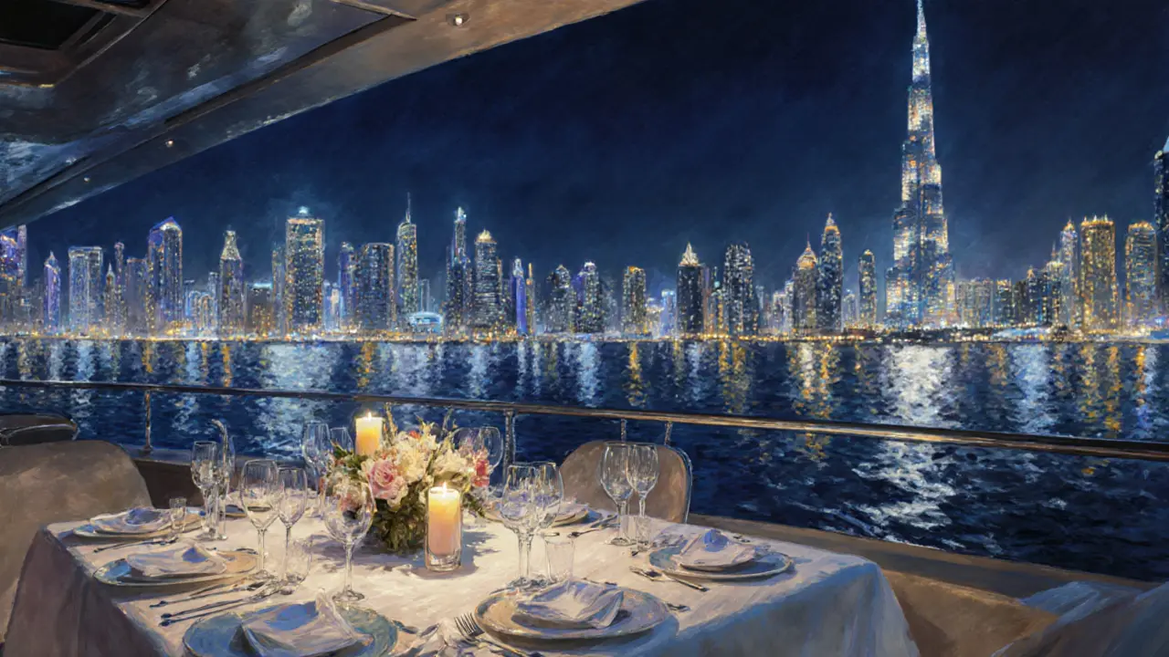 Romantic dinner table on a yacht sailing Dubai Marina with city lights and Burj Khalifa.