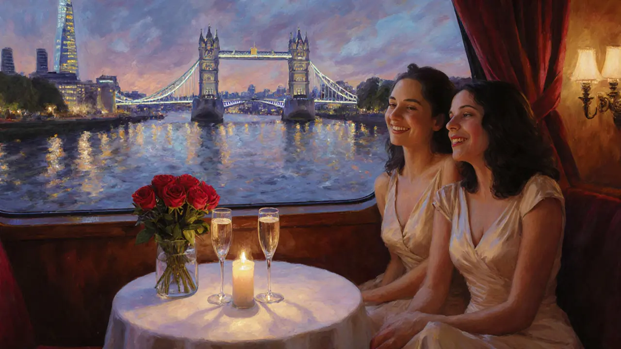 Romantic Thames cruise cabin with champagne, roses, and city lights.