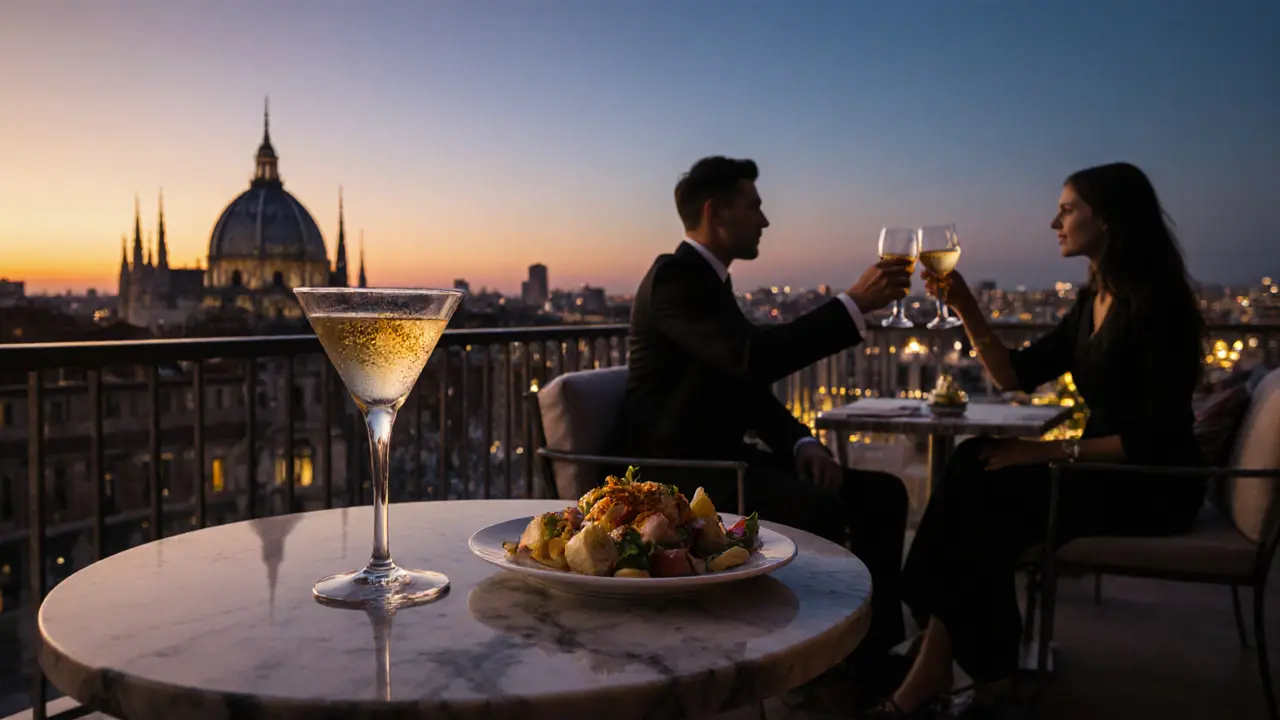 Rooftop terrace at sunset with a golden Martini cocktail overlooking Milan's skyline.