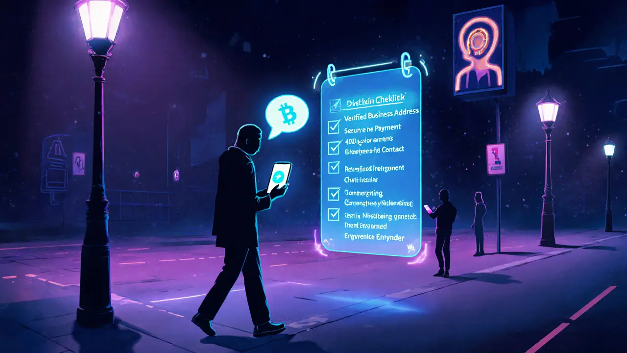 Silhouette walking at night with phone showing security checklist.