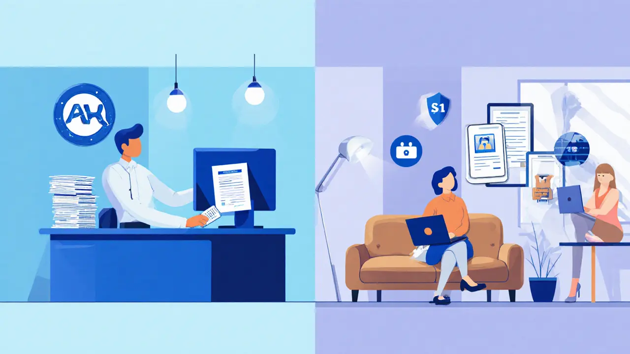 Split illustration comparing agency office and independent freelancer workspace.