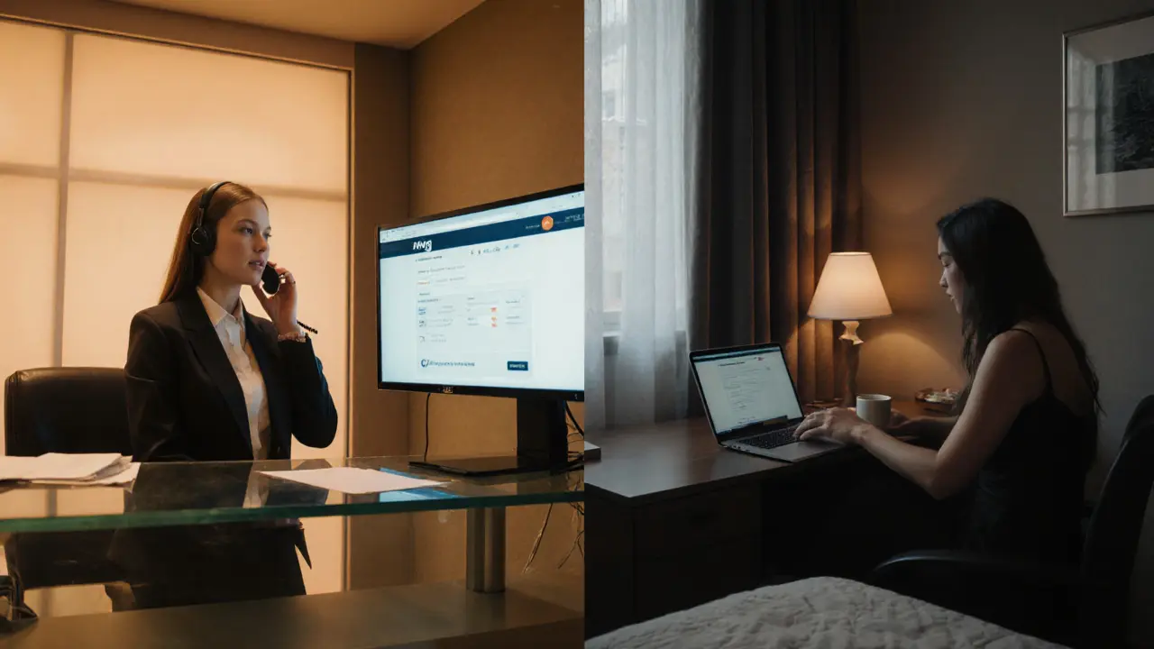 Split scene showing an agency office on the left and a cozy apartment on the right.