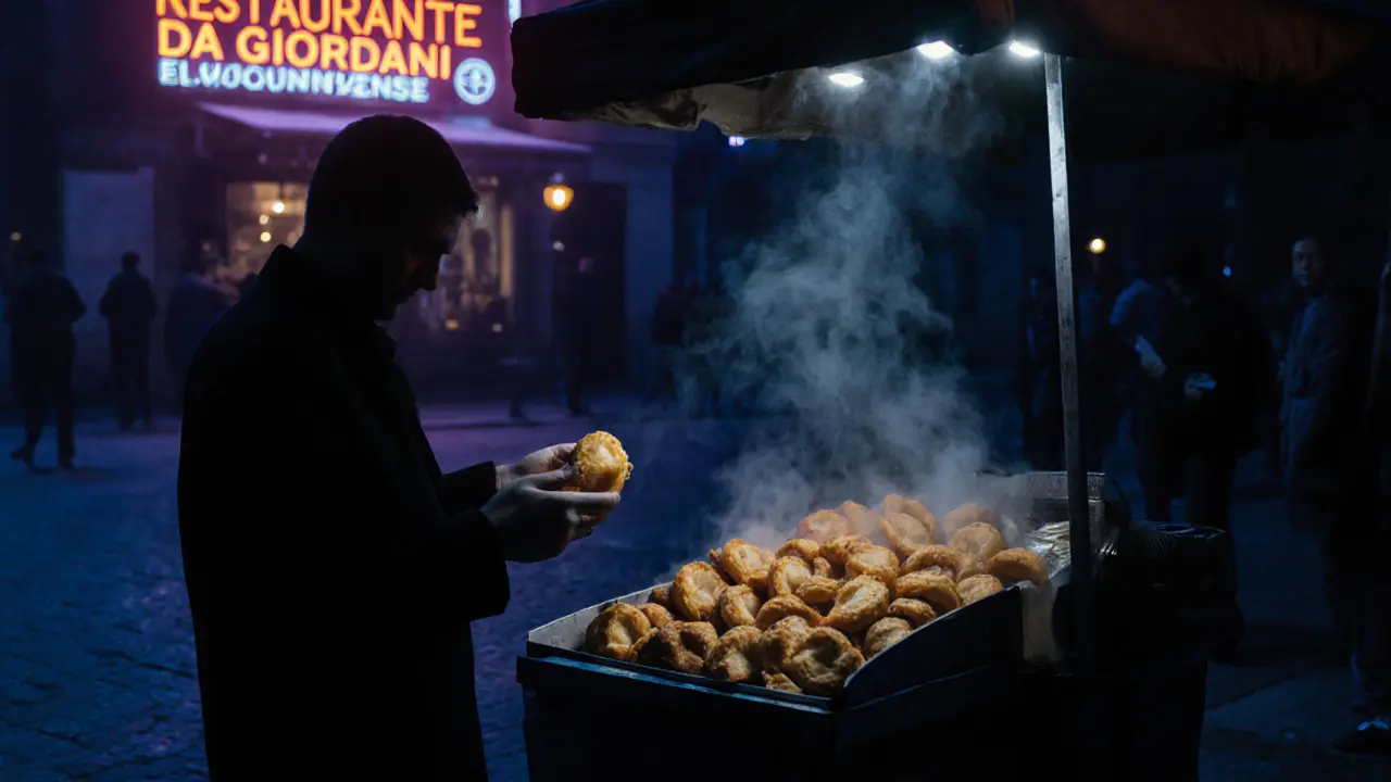 Street food cart selling panzerotti at night with a distant restaurant sign and a phone in hand.