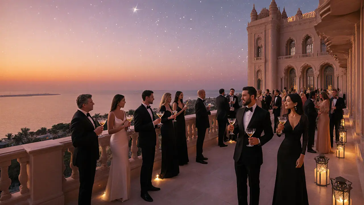Sunset at Emirates Palace sundowner lounge with elegantly dressed guests.