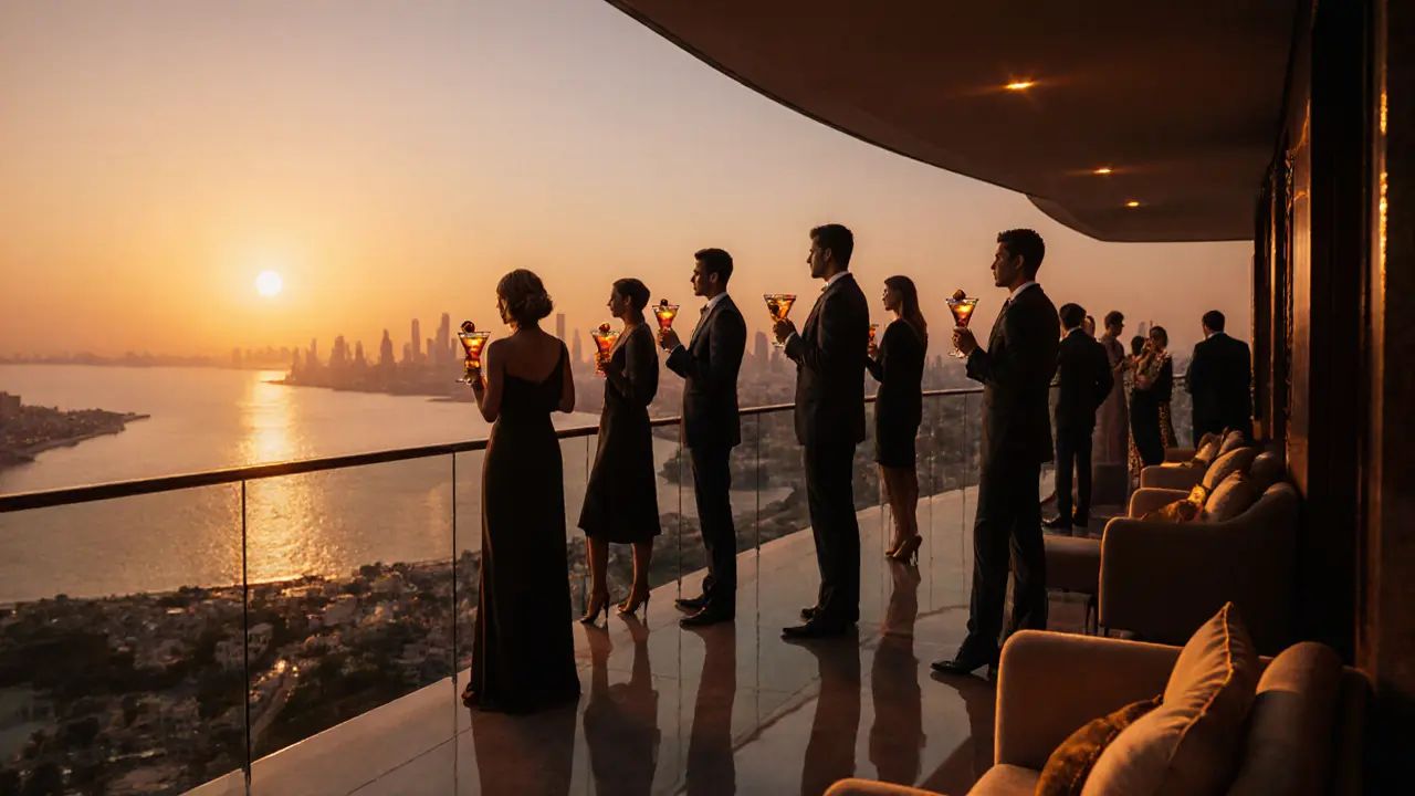 Sunset rooftop bar scene with guests sipping cocktails overlooking the Gulf.
