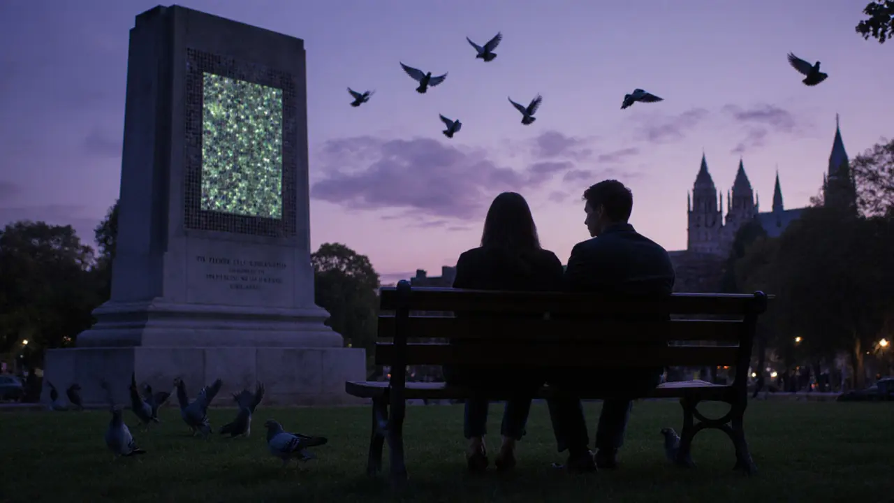 Two people sitting quietly on a bench in a peaceful park at dusk, surrounded by memorial tiles and pigeons.