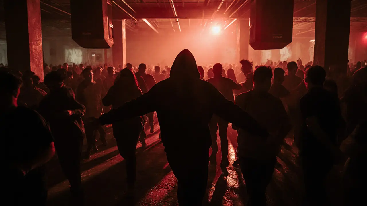 Underground techno club with dense crowd and massive speakers in industrial warehouse.