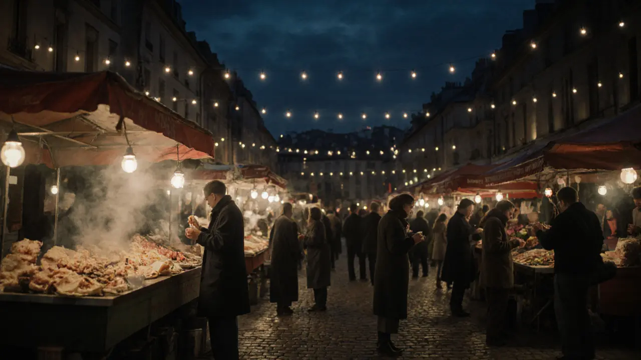 Vibrant night market at Marché d’Aligre with locals eating crêpes and sausages under string lamps.