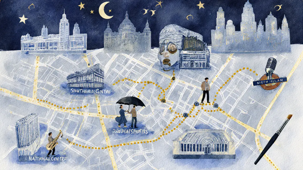 Watercolor map of a cultural night itinerary across London venues.
