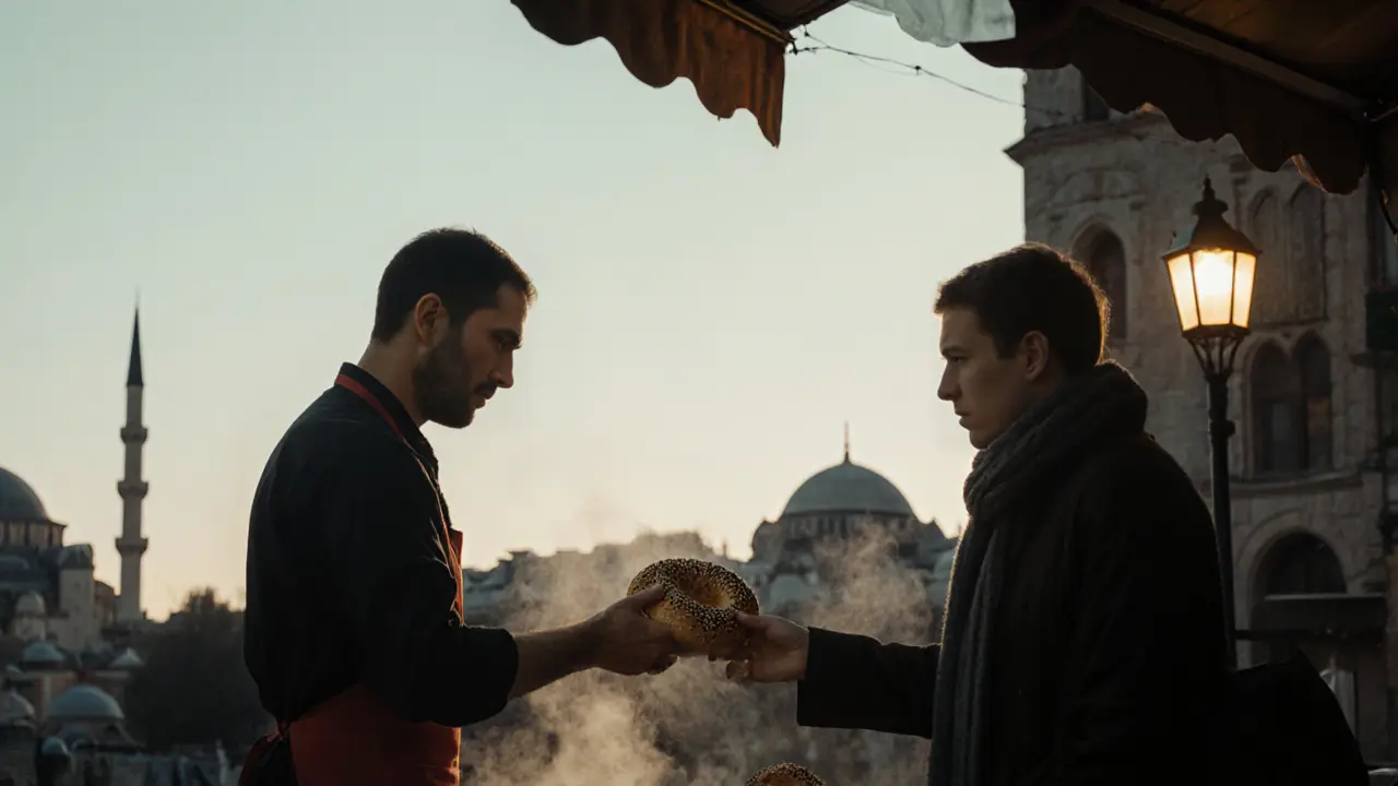 A baker handing a warm simit to a nightgoer at dawn, Istanbul&#039;s skyline softly visible in the background.