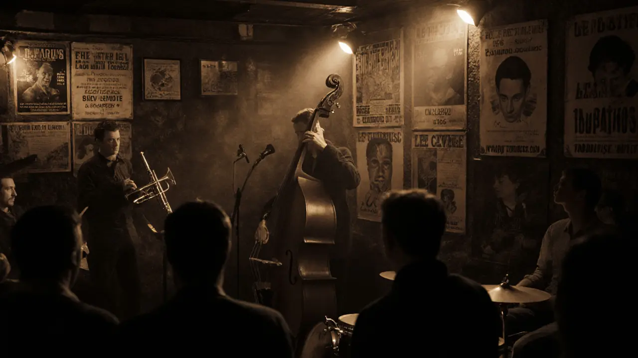 A basement jazz club with musicians playing live as locals listen in silent reverence.