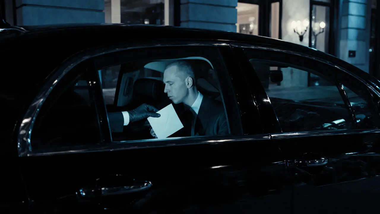 A black luxury car at a hotel in Knightsbridge at night, with no visible faces or plates, conveying silent, private service.