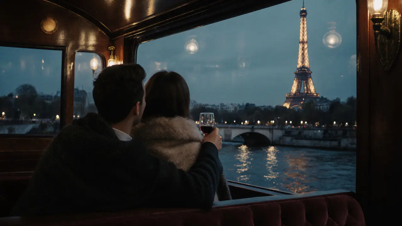 A couple enjoys a private Seine river cruise at twilight, watching the Eiffel Tower sparkle in the distance.