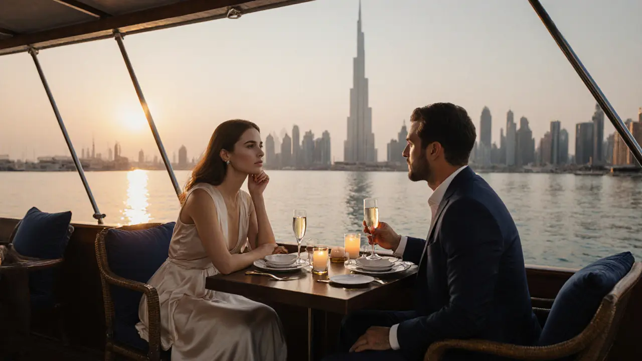A couple enjoys champagne on a private dhow cruise at dusk, the Burj Khalifa glowing behind them in the distance.