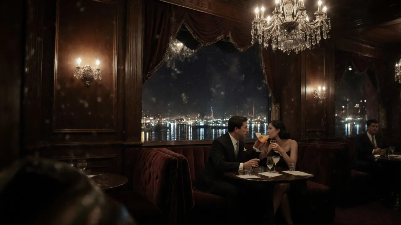 A couple in a velvet booth at Le Bar Americain, jazz lighting and harbor glow through the window.